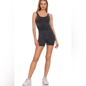 Zenana Acid Washed Charcoal Athletic Romper | Crisscross Back | Sporty Lounge